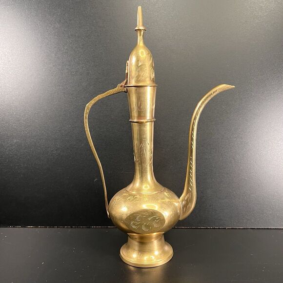 Vintage Solid Brass Made In India Etched Teapot 12 Inches - Picture 1 of 15